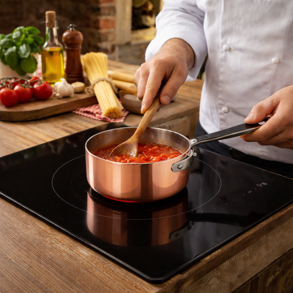 Pentola alta in rame 4 strati. Diametro 16 cm.