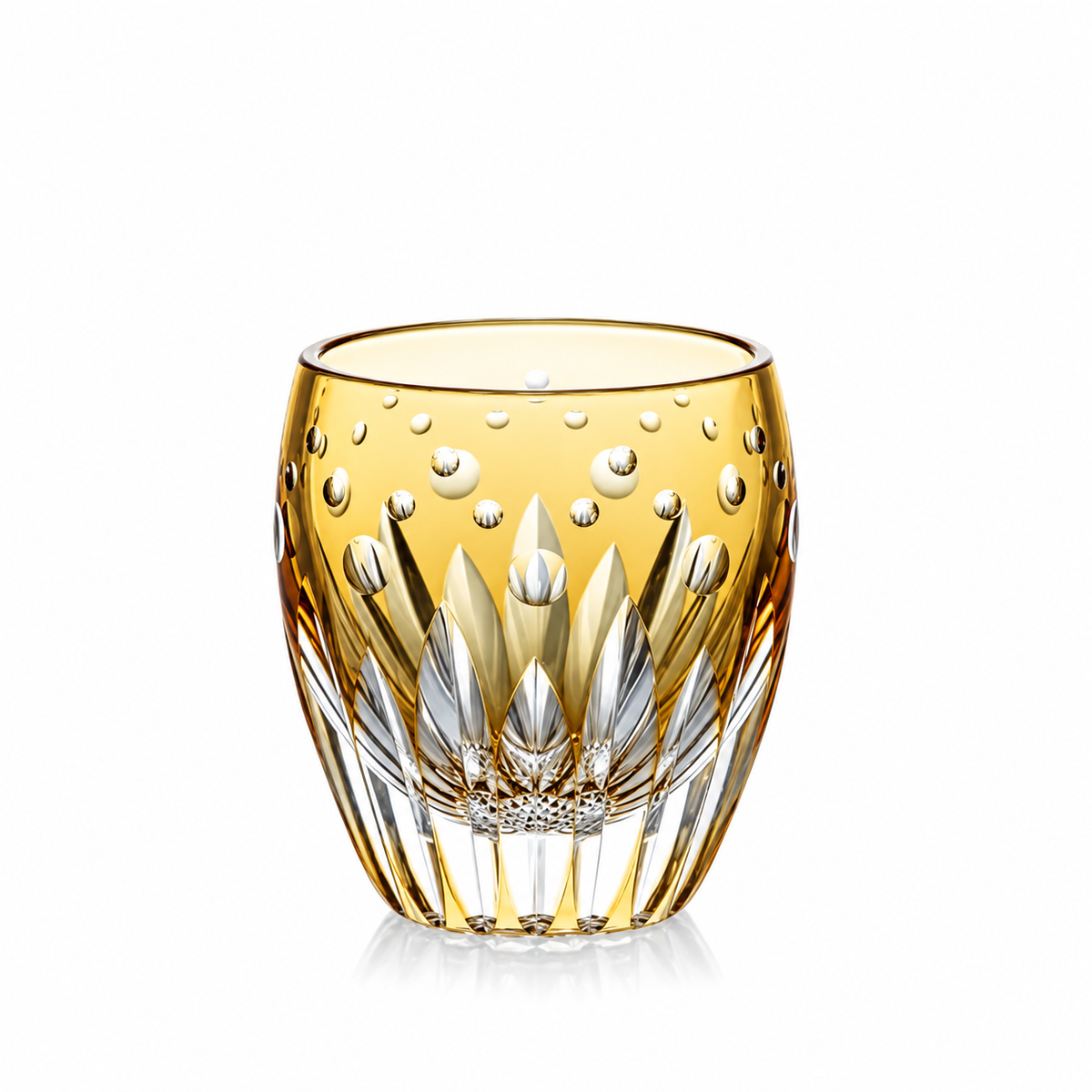Sunflower – Edo-Kiriko-Whiskyglas aus gelbem Kristall mit Sonnenblumen-/Nanako-Schliff von Satoshi Nabetani, Kagami Crystal