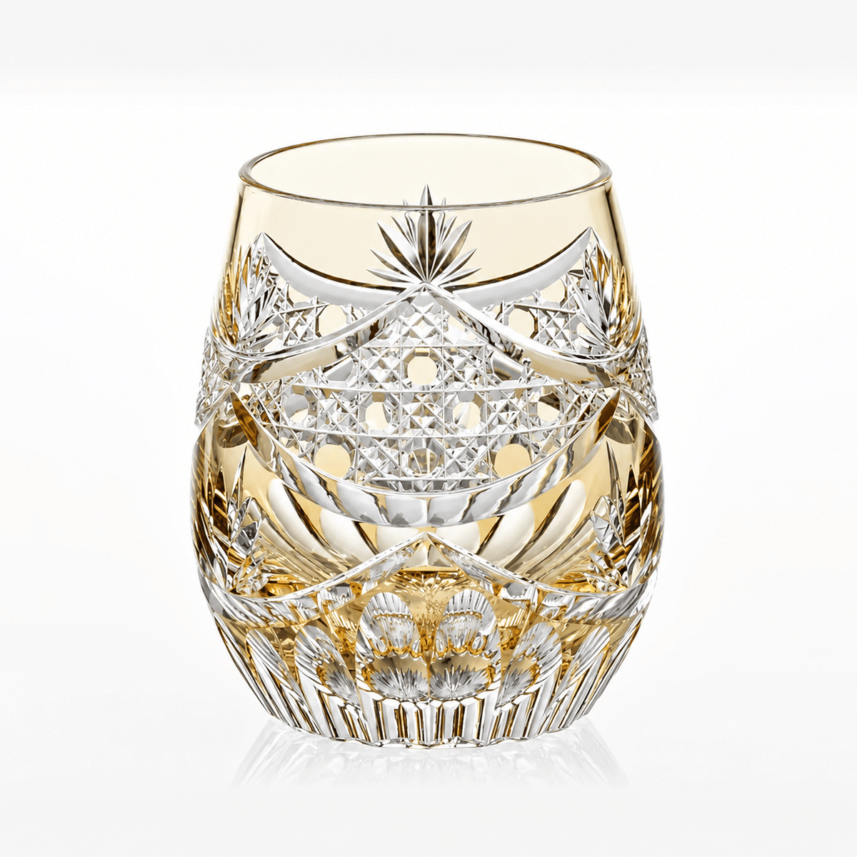 Evening Lull – Edo Kiriko whiskyglas i gul krystal med ottekantet kurvemønster af Junichi Nabetani, Kagami Crystal