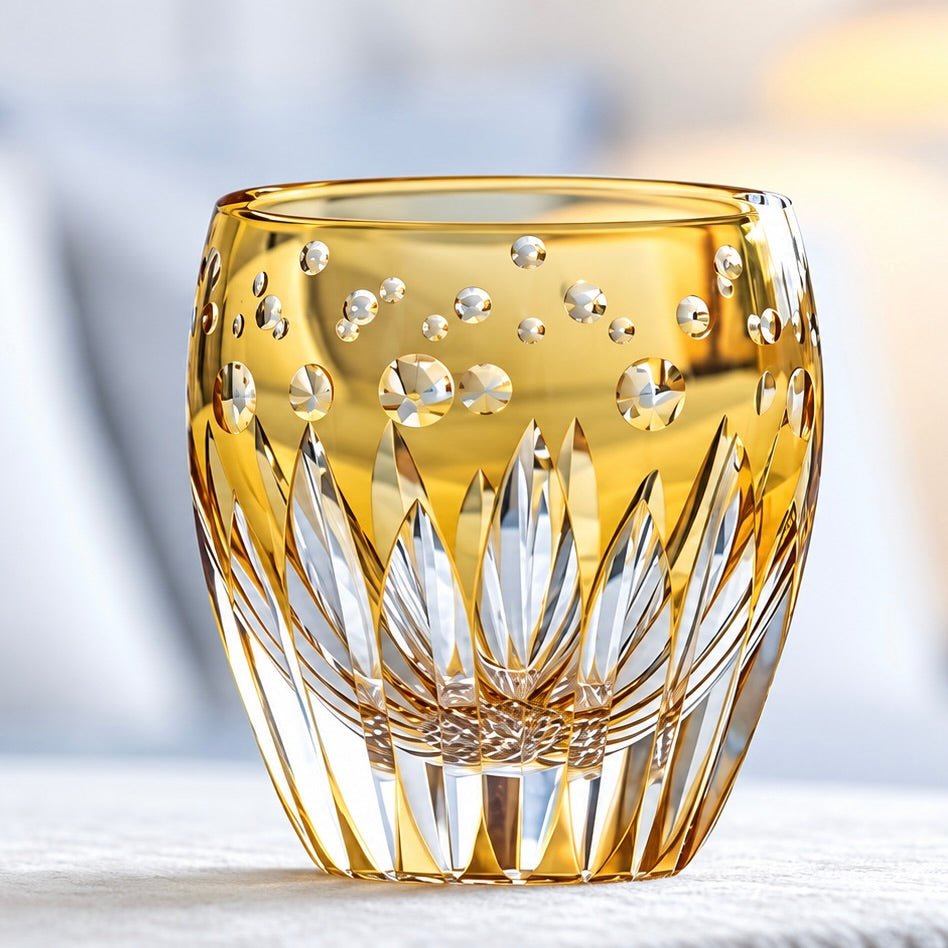 Sunflower – Edo Kiriko whisky glass in yellow crystal with sunflower and Nanako cut by Satoshi Nabetani, Kagami Crystal