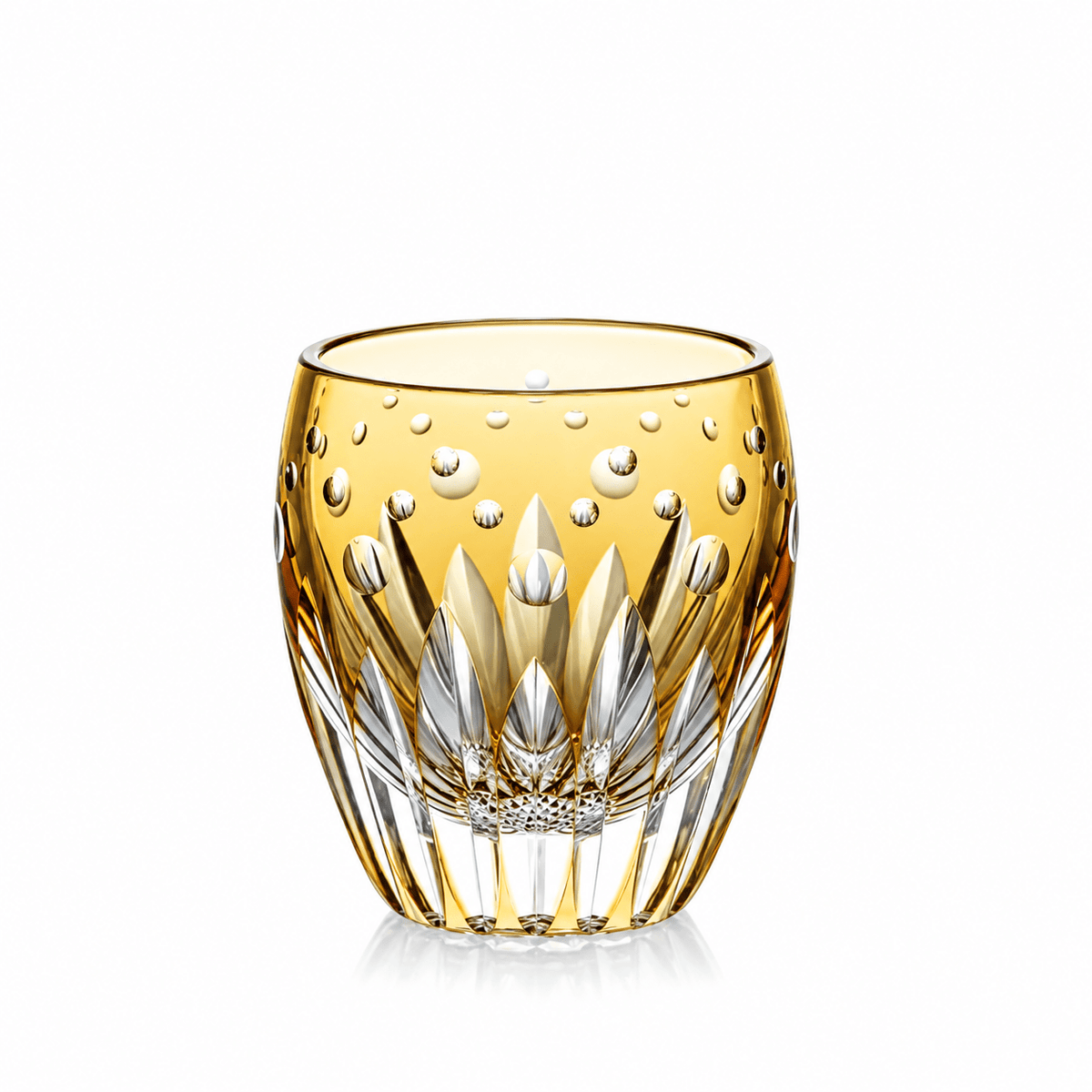 Sunflower – Edo Kiriko whisky glass in yellow crystal with sunflower and Nanako cut by Satoshi Nabetani, Kagami Crystal