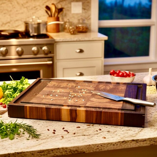 Rune - Jakobsen Design Chefs Board. 5 cm tykt skærebræt med kerne i endetræ og retvendt håndgreb med messingdetaljer. Størrelser fra 40x30 cm - 60x40 cm 40x30x5 cm Skærebrætter_2