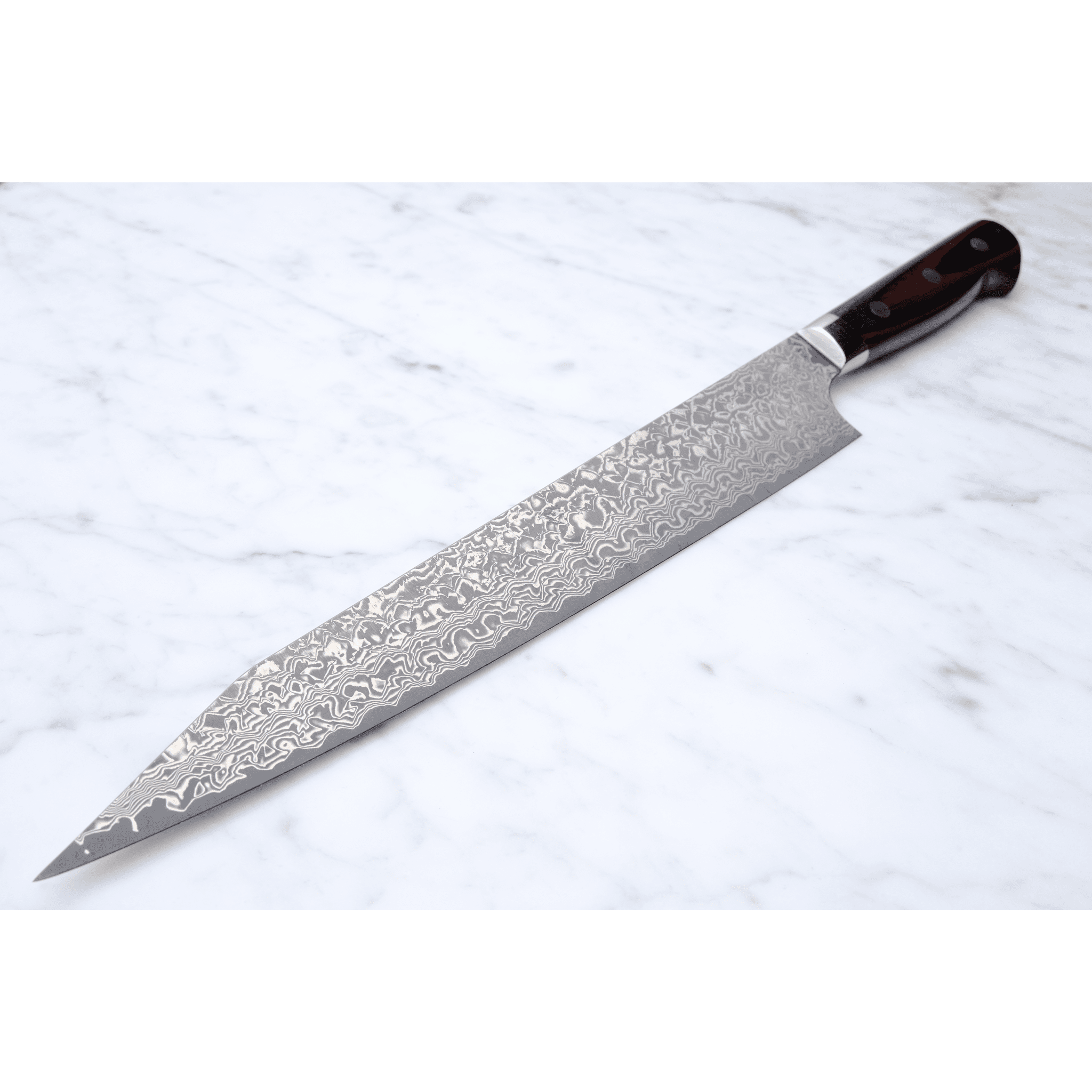 Yoshimi Kato VG - 10 Damascus 250 K - Tip Sujihiki - Western_ _ _ _YK - VG10 - KSJ2504. sujihiki by Yoshimi Kato