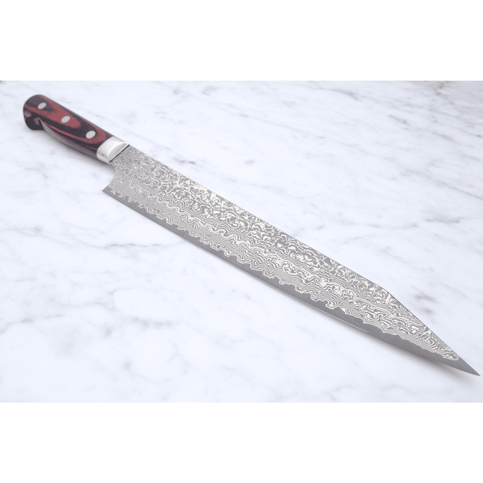 Yoshimi Kato VG - 10 Damascus 250 K - Tip Sujihiki - Western_ _ _ _YK - VG10 - KSJ2505. sujihiki by Yoshimi Kato