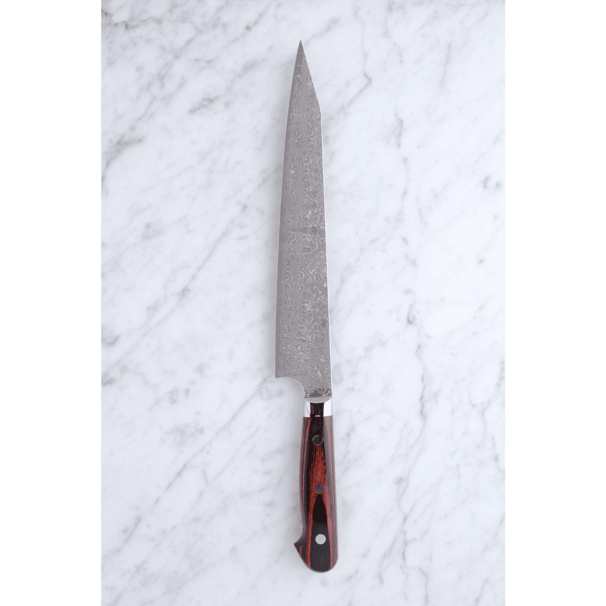 Yoshimi Kato VG - 10 Damascus 250 K - Tip Sujihiki - Western_ _ _ _YK - VG10 - KSJ2508. sujihiki by Yoshimi Kato