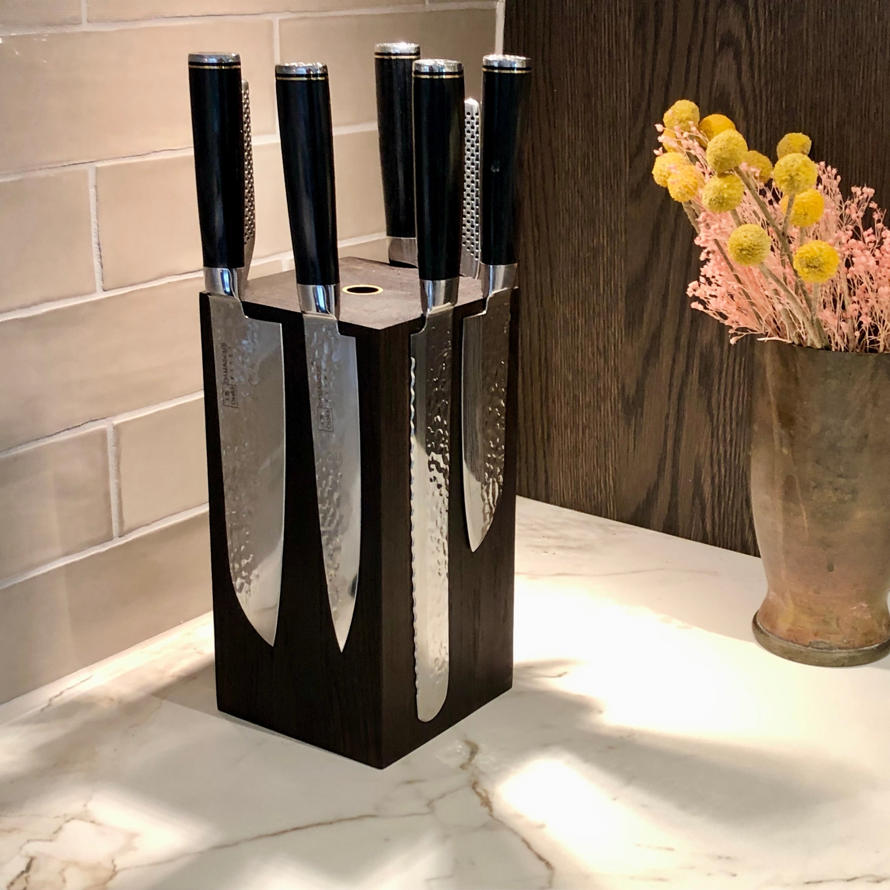Tower – square magnetic knife block with metal details, available in multiple sizes and wood species
