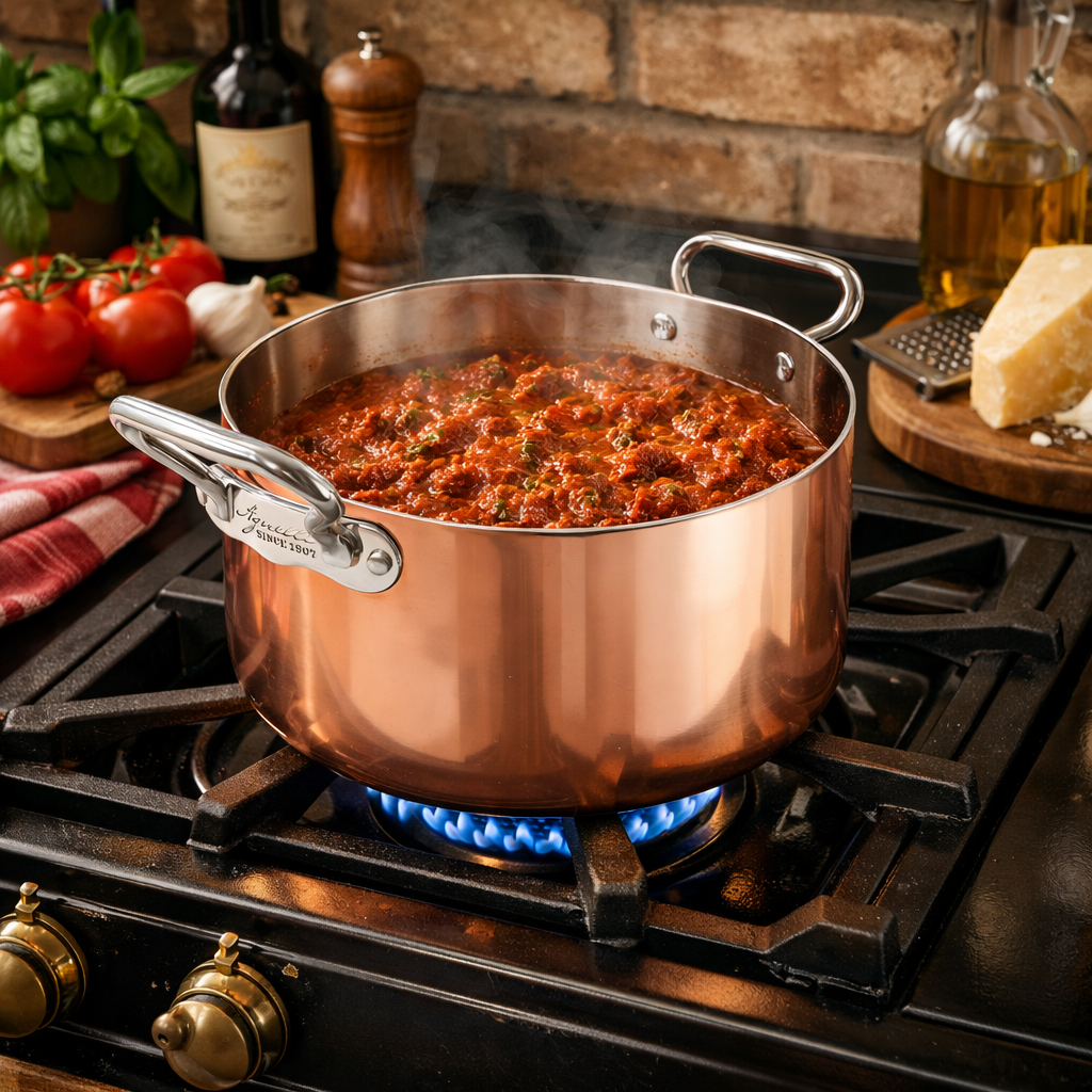 Tall pot 4-PLY Copper with two stainless steel handles. Diameter 20 cm / 24 cm.