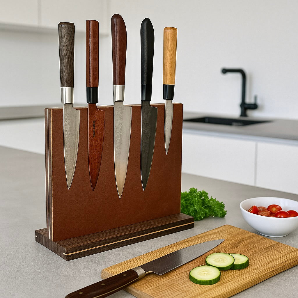 „Leather Block Excl.“ – magnetischer Messerblock mit italienischem Leder und Metalldetails