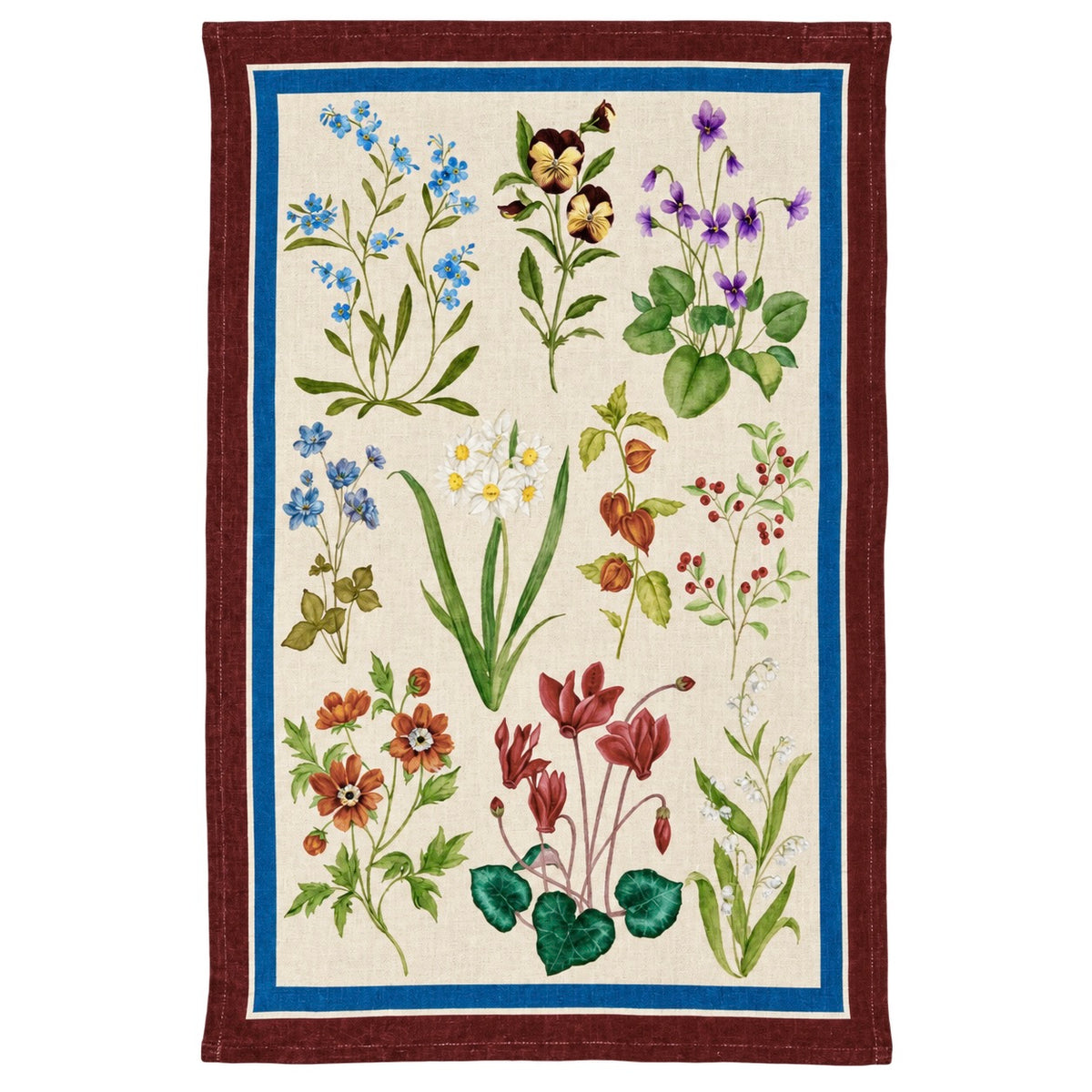 Pernilla Geschirrtuch aus Leinen: Wildblumen in Lila und Koralle mit blauer oder roter Kante – Tessitura Toscana Telerie