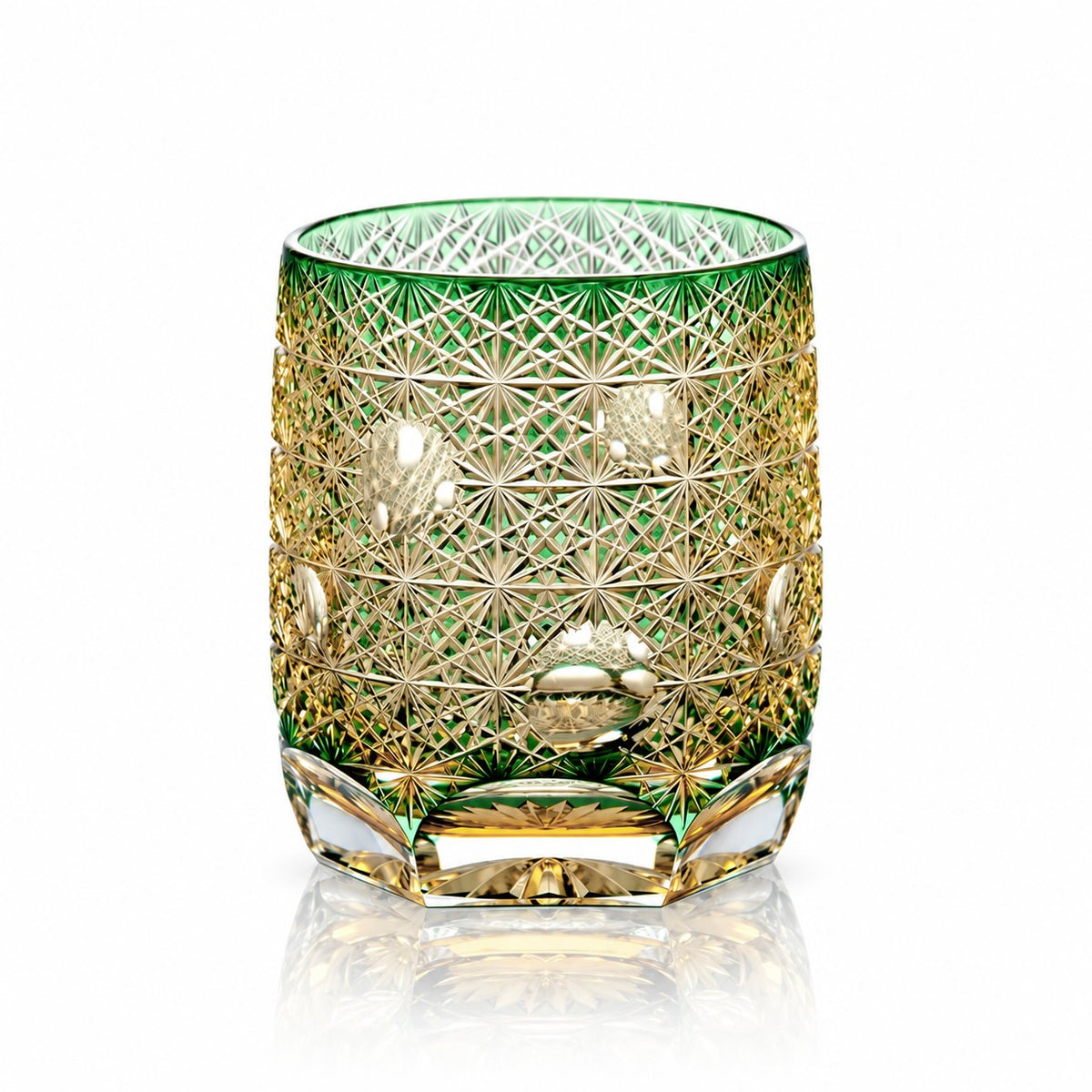Marimo – Edo-Kiriko-Whiskyglas aus Kristall mit Kiku-Tsunagi-Muster und Kugelschliff von Junichi Nabetani, Kagami Crystal
