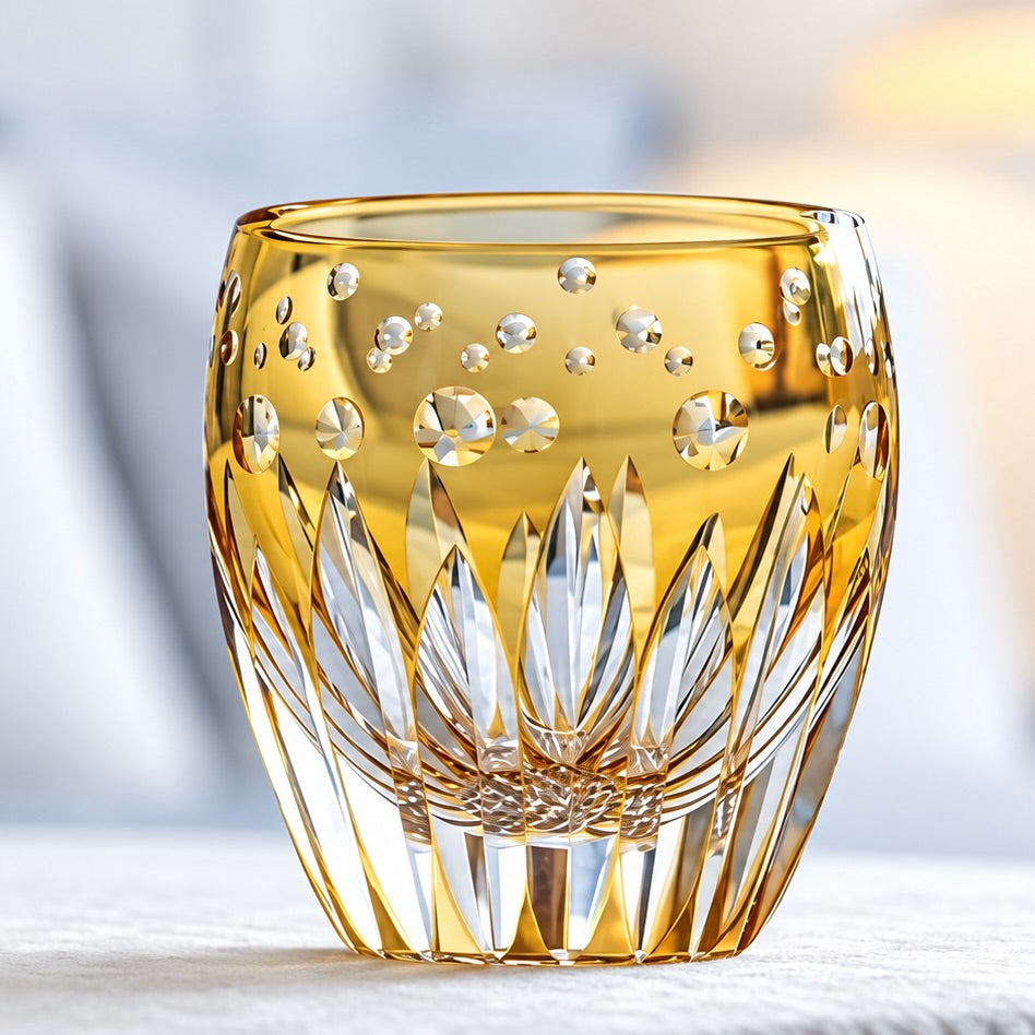 Sunflower – Edo-Kiriko-Whiskyglas aus gelbem Kristall mit Sonnenblumen-/Nanako-Schliff von Satoshi Nabetani, Kagami Crystal
