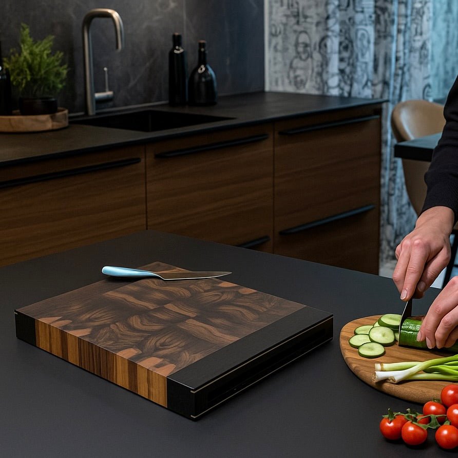 Rune - Jakobsen Woodworks 'Chefs board' skærebræt med kerne i endetræ og retvendt håndgreb med messingdetaljer 40x30x5 cm_1