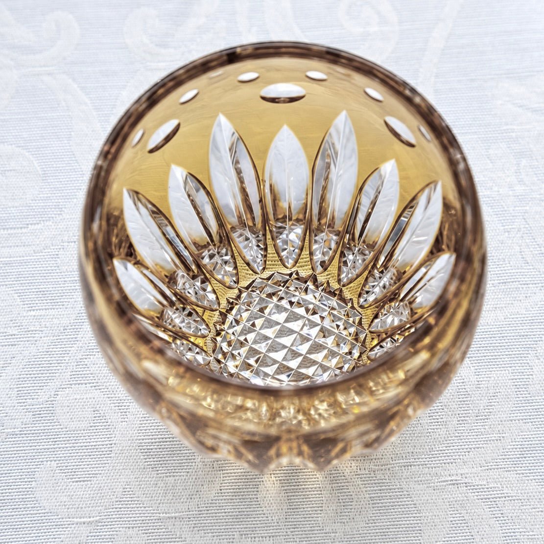 Sunflower – Edo Kiriko whisky glass in yellow crystal with sunflower and Nanako cut by Satoshi Nabetani, Kagami Crystal