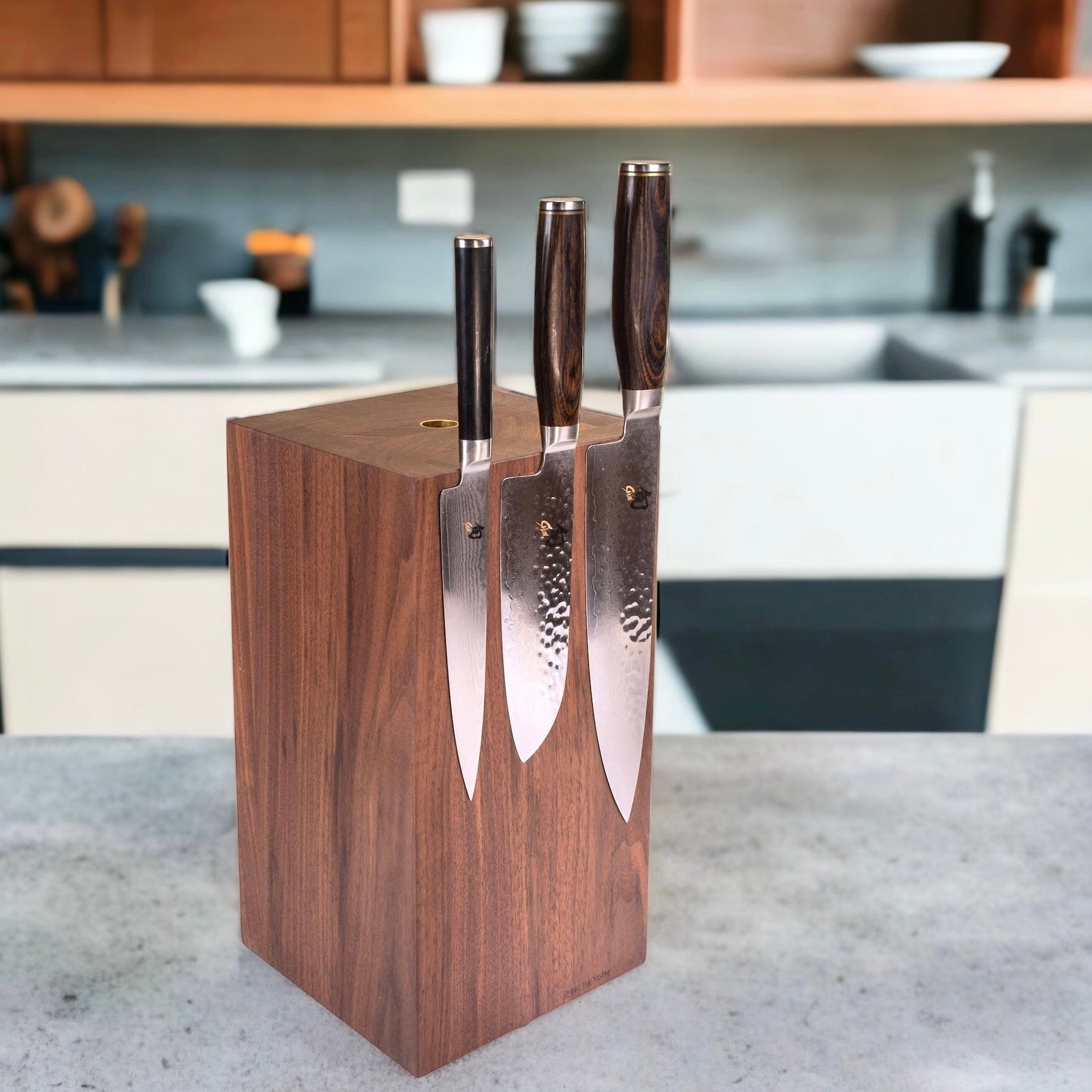 Tower – square magnetic knife block with metal details, available in multiple sizes and wood species
