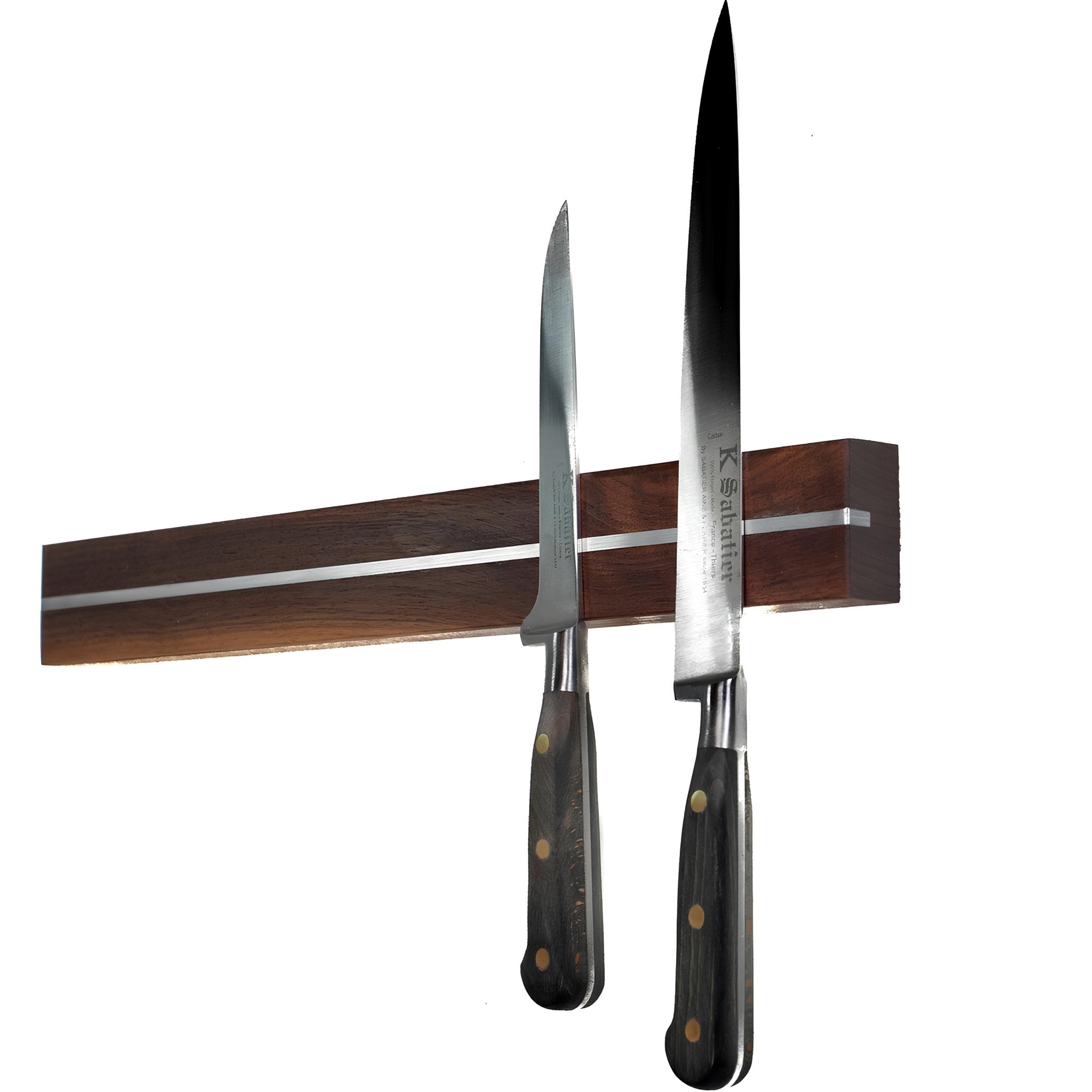 Knivskinner fra Rune - Jakobsen Woodworks. 'Split' knivmagnet i længder fra 30 - 80 cm og i 3 bredder 30 cm 4.5 cm Valnød _RNJ/SPLT/30CM/VALNO/MESSI/KNIVS/2135/05