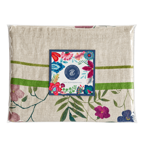 Izumi linen bedspread with Japanese landscape with pines, hills and cranes – Tessitura Toscana Telerie