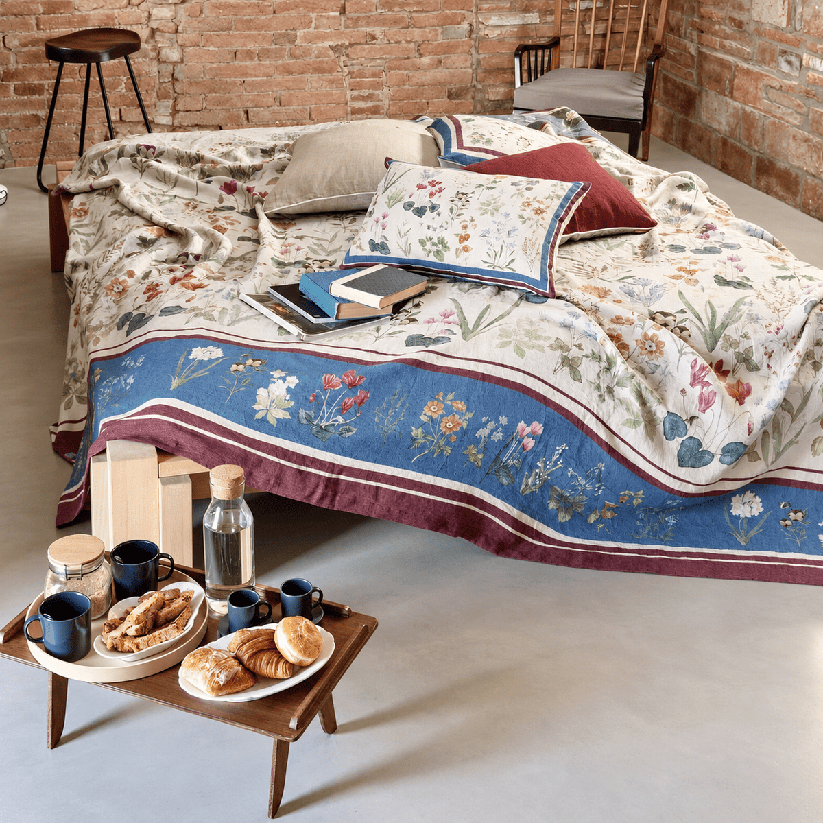 Pernilla linen bedspread with wild flowers on a natural ground with a midnight-blue border – Tessitura Toscana Telerie