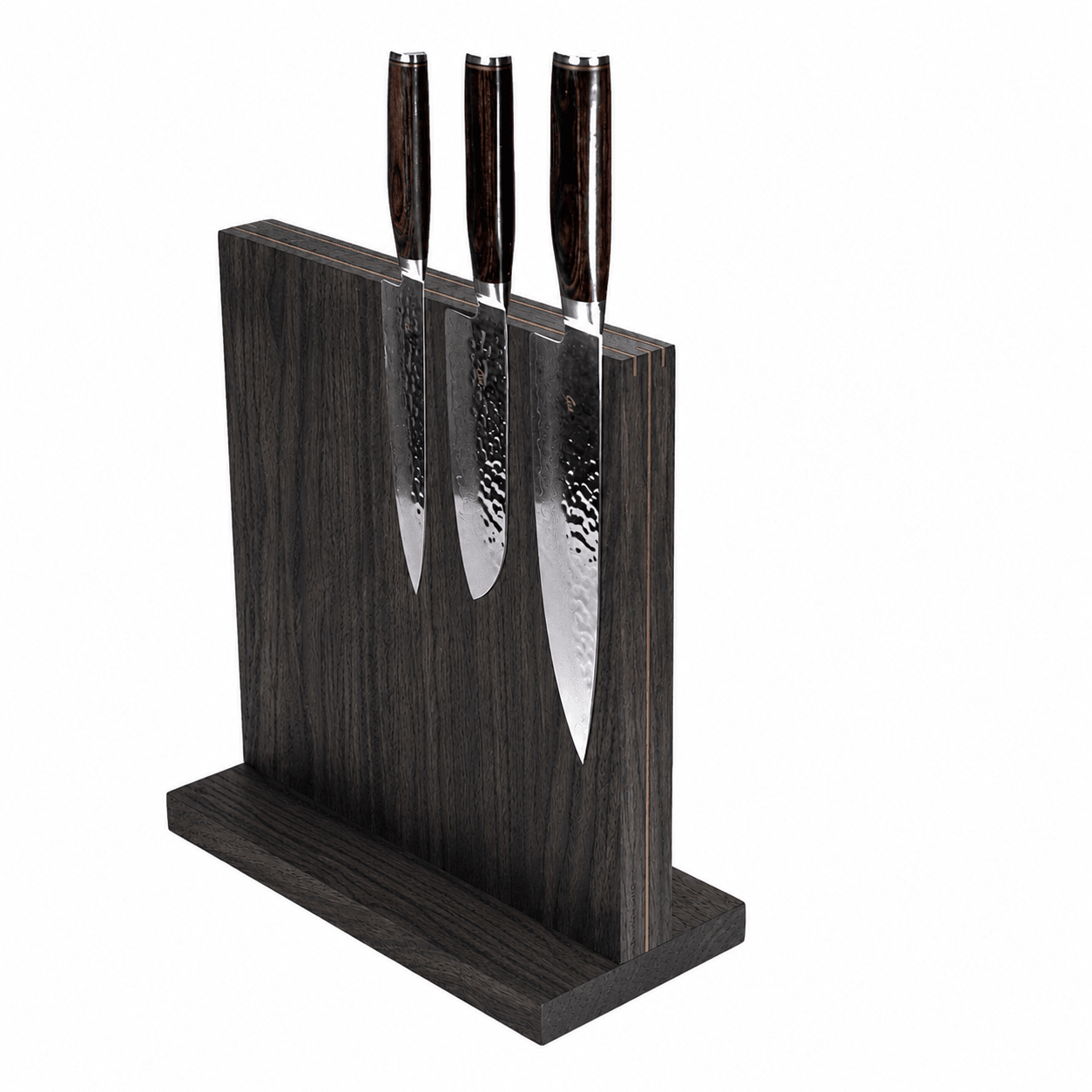 The Monolith - 15 eller 25 cm bred dobbeltsidet magnetisk knivblok med messingdetaljer. Højde 30 cm. - 25x30x4 cm–Røget egetræ - Messing - Knivblokke–Rune - Jakobsen Woodworks
